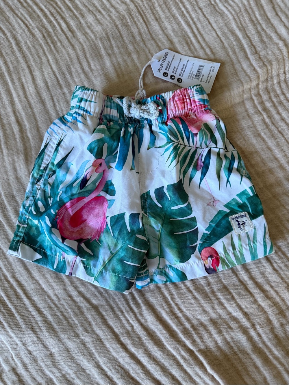 Tropical Flamingo Kids Swim Shorts - White with Pink & Green 2T